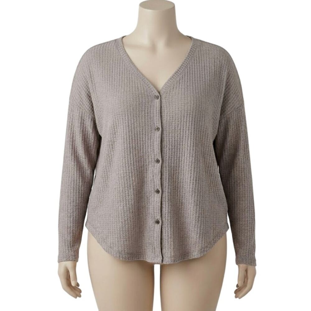 Lara Fashion Waffle Knit Top XL Light Pink Button Up V Neck Long Sleeve Casual